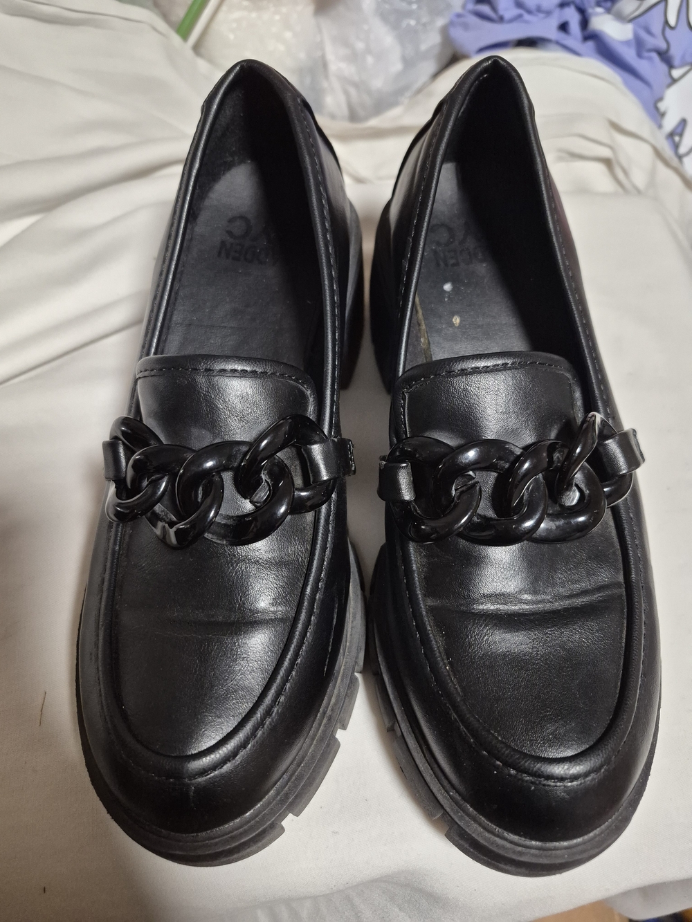 Madden Girl Black Chain-Trim Wedge Loafers